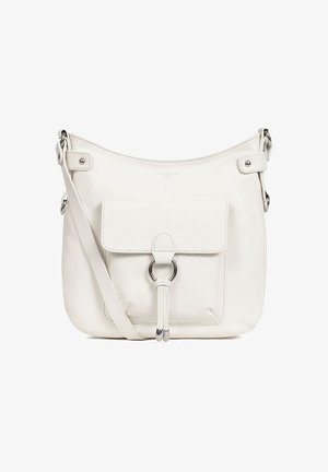 Borsa a tracolla bianca in pelle con forma arrotondata, flap della tasca frontale, dettagli in metallo argentato e tracolla regolabile.