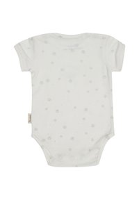White cotton baby bodysuit with short sleeves, featuring a subtle floral pattern in light gray and snaps for easy changing at the bottom.