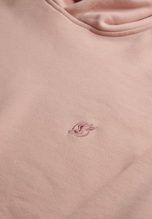 Felpa rosa chiaro realizzata in tessuto morbido con un logo ricamato sul petto. Presenta un cappuccio con cordino e polsini a coste.