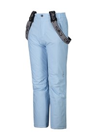 Lyseblå snebukser lavet af vandtæt materiale, med justerbare sorte stropper og et logo på nederste ben. Lige ben-design.