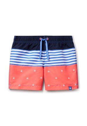 Shorts de bain avec un haut rayé bleu marine et bleu clair, un bas corail orné de motifs de pieuvres blanches, et un cordon de serrage à l'avant pour les ajustements.