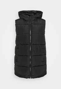 Svart ärmlös vadderad väst med huva, utrustad med en framdragkedja, quiltad struktur och två sidofickor.