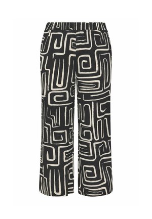 Black wide-leg pants with elastic waistband, featuring an abstract white maze-like pattern.