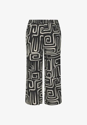 Sorte bukser med brede ben og elastisk taljebånd, med et abstrakt hvidt labyrintmønster.