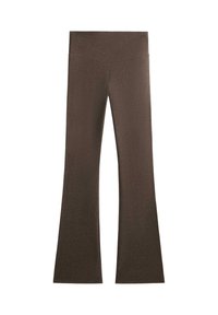 Barna, trapéz formájú leggings sima felülettel és széles derékpánttal. Nyújtható anyagból készült a kényelem és a mozgás szabadsága érdekében.