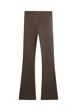Barna, trapéz formájú leggings sima felülettel és széles derékpánttal. Nyújtható anyagból készült a kényelem és a mozgás szabadsága érdekében.