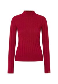 Roter, gerippter Rollkragenpullover mit langen Ärmeln, aus weichem Strickmaterial gefertigt. Dezente Struktur und taillierter Schnitt betonen die Silhouette.