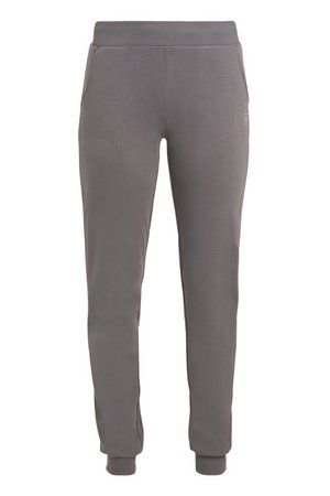 Gray sweatpants made of soft fabric, featuring an elastic waistband, side pockets, and ribbed cuffs at the ankles.