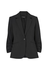 Zwarte blazer met een notch-kraag, een enkele knoopsluiting en puffed driekwartmouwen. Twee voorkruiszakken en een getailleerde pasvorm.