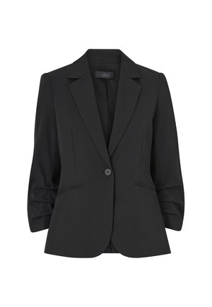 Sort blazer med reverskrave, enkelt knaplukning og puffede trekvartærmer. To forlommer og en skræddersyet pasform.