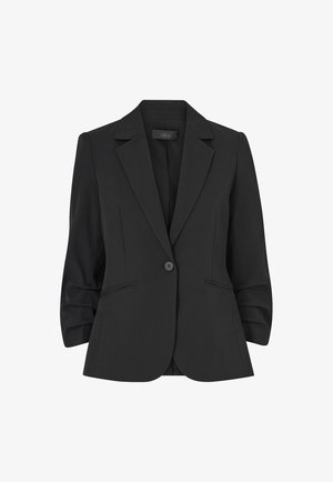 Black blazer with a notched collar, single button closure, and puffed three-quarter sleeves. Two front pockets and a tailored fit.