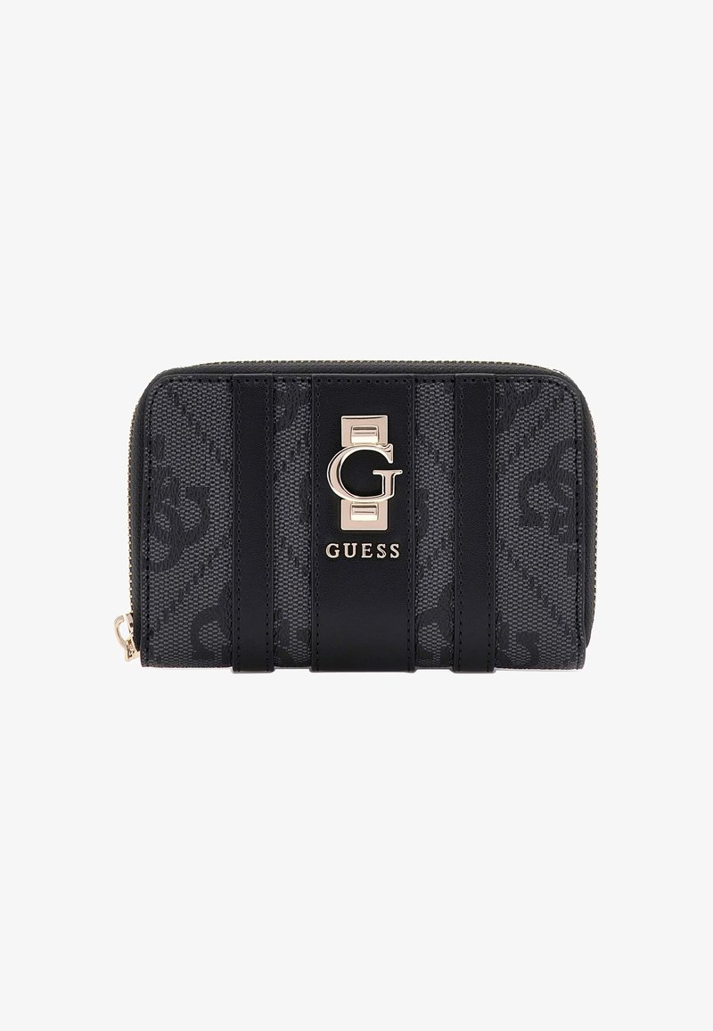Portafoglio zip Guess in nero e grigio con motivo monogram, logo "G" dorato e strisce verticali in pelle nera anteriori.