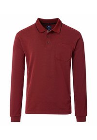 Langärmliges Poloshirt in dunklem Rot, aus weichem Stoff gefertigt. Mit klassischem Kragen, Knopfleiste mit drei Knöpfen und einer einzelnen Brusttasche.