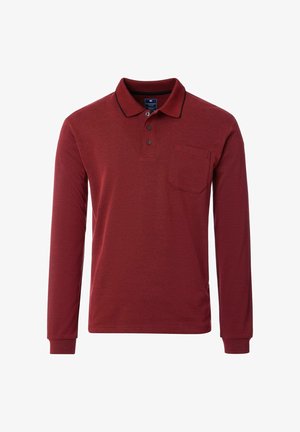 Langärmliges Poloshirt in dunklem Rot, aus weichem Stoff gefertigt. Mit klassischem Kragen, Knopfleiste mit drei Knöpfen und einer einzelnen Brusttasche.