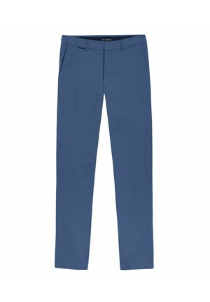 Slim-fit blauwe herenhose met riemlussen, zijzakken en een ritssluiting aan de voorkant, weergegeven tegen een witte achtergrond.