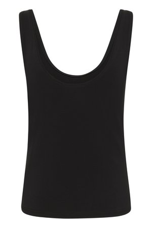 Black sleeveless tank top with wide shoulder straps and a scoop neckline, plain design, front view.