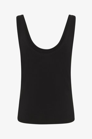 Black sleeveless tank top with wide shoulder straps and a scoop neckline, plain design, front view.