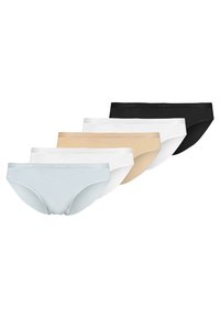 Five pairs of women’s briefs in light blue, white, beige, and black; made of soft material with a smooth texture and elastic waistbands.