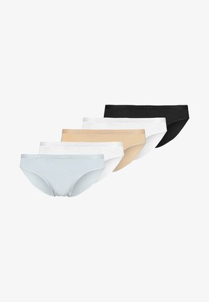 Cinq paires de culottes pour femmes en bleu clair, blanc, beige et noir ; fabriquées dans un matériau doux avec une texture lisse et des ceintures élastiques.