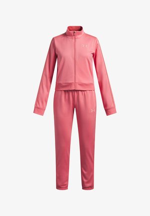 Roze trainingspak met een jas met rits en een broek met elastische tailleband, gemaakt van gladde stof met tonale stiksels en logodetail.
