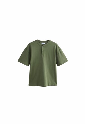 Olive green short-sleeve henley shirt made of cotton, featuring a round neckline and two-button placket with relaxed fit.