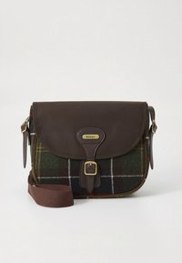 Barna bőr és zöld kockás szövet válltáska csattal záródik és állítható pánttal rendelkezik. Aranyszínű fémrészletekkel és sima tapintású anyaggal.