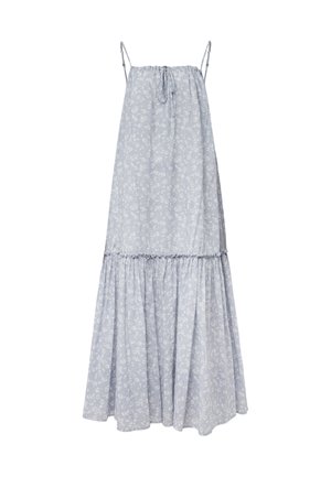 Hellblaues langes ärmelloses Kleid mit dünnen verstellbaren Trägern, weißem Blumenmuster, geraffter Taille und gestufter Rüschensaum.