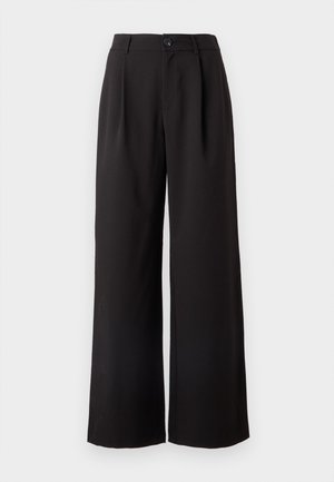 Pantalon noir à jambes larges avec une taille haute, doté d'une fermeture à boutons et de plis à l'avant. Tissu lisse avec une coupe fluide et sans motifs visibles.