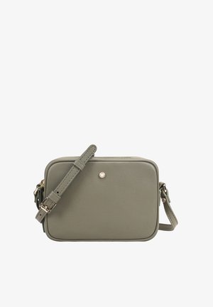Rectangular gray leather crossbody bag with adjustable strap, gold buckle, and small round metal logo on front center.
