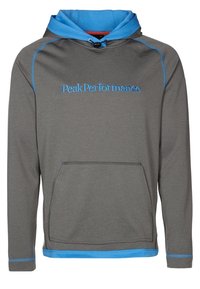 Sweat à capuche gris avec accents bleus, doté d'une poche avant et du logo "PeakPerformance" en bleu sur la poitrine. Texture lisse.