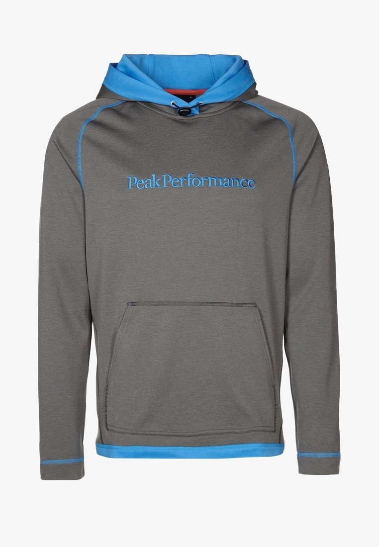 Sweat à capuche gris avec accents bleus, doté d'une poche avant et du logo "PeakPerformance" en bleu sur la poitrine. Texture lisse.