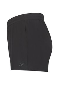 Svarta löparshorts med en slät tyg, elastisk midjeband, reflekterande logotyp och perforerade detaljer för ventilation. Sidoficka synlig.