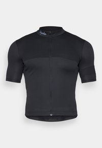 Maillot de cyclisme à manches courtes noir, avec col montant, fermeture éclair avant et tissu texturé. Logo discret sur le col.