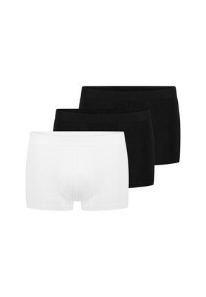 Tre mænds boxer briefs, to sorte par bag et hvidt par, alle ensfarvede med flad talje og uden synligt logo.