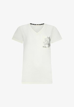 Witte V-hals T-shirt met korte mouwen, voorzien van een zak met een zwart dierenafbeelding en merklogo. Zachte katoenen stof.