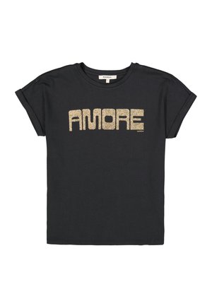 T-shirt noir à manches courtes en coton avec un graphisme "AMORE" doré pailleté sur le devant, coupe décontractée et manches retroussées.