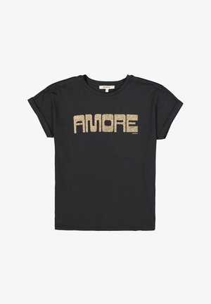 T-shirt noir à manches courtes en coton avec un graphisme "AMORE" doré pailleté sur le devant, coupe décontractée et manches retroussées.