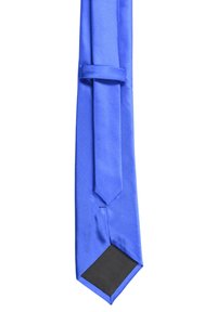 Cravatta in seta blu con una texture liscia, punta conica e design affusolato. Il retro presenta una patch in tessuto nero per stabilità.
