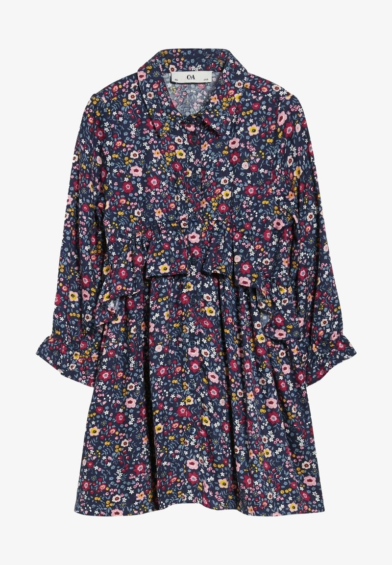 Robe bleu marine à manches longues avec petit imprimé floral multicolore, fermeture boutonnée à l'avant, taille froncée et poignets froncés.