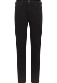 Pantalones vaqueros de mezclilla negra con un ajuste slim recto, estilo de cinco bolsillos, cierre de botón y cremallera, con un acabado mate y un diseño minimalista.