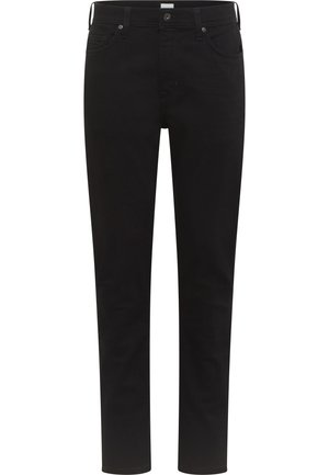 Melnas denima bikses ar šauru taisnu piegriezumu, piecu kabatu stilu, pogu un rāvējslēdzēja aizdari, ar matētu apdari un minimālistisku dizainu.