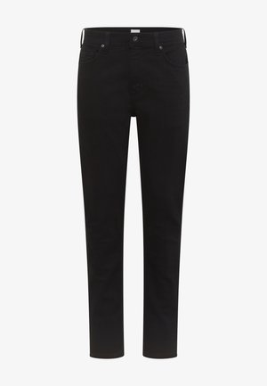 Fekete farmernadrág, slim egyenes fazonnal, öt zsebbel, gombos és cipzáras záródással, matt felülettel és minimalista dizájnnal.