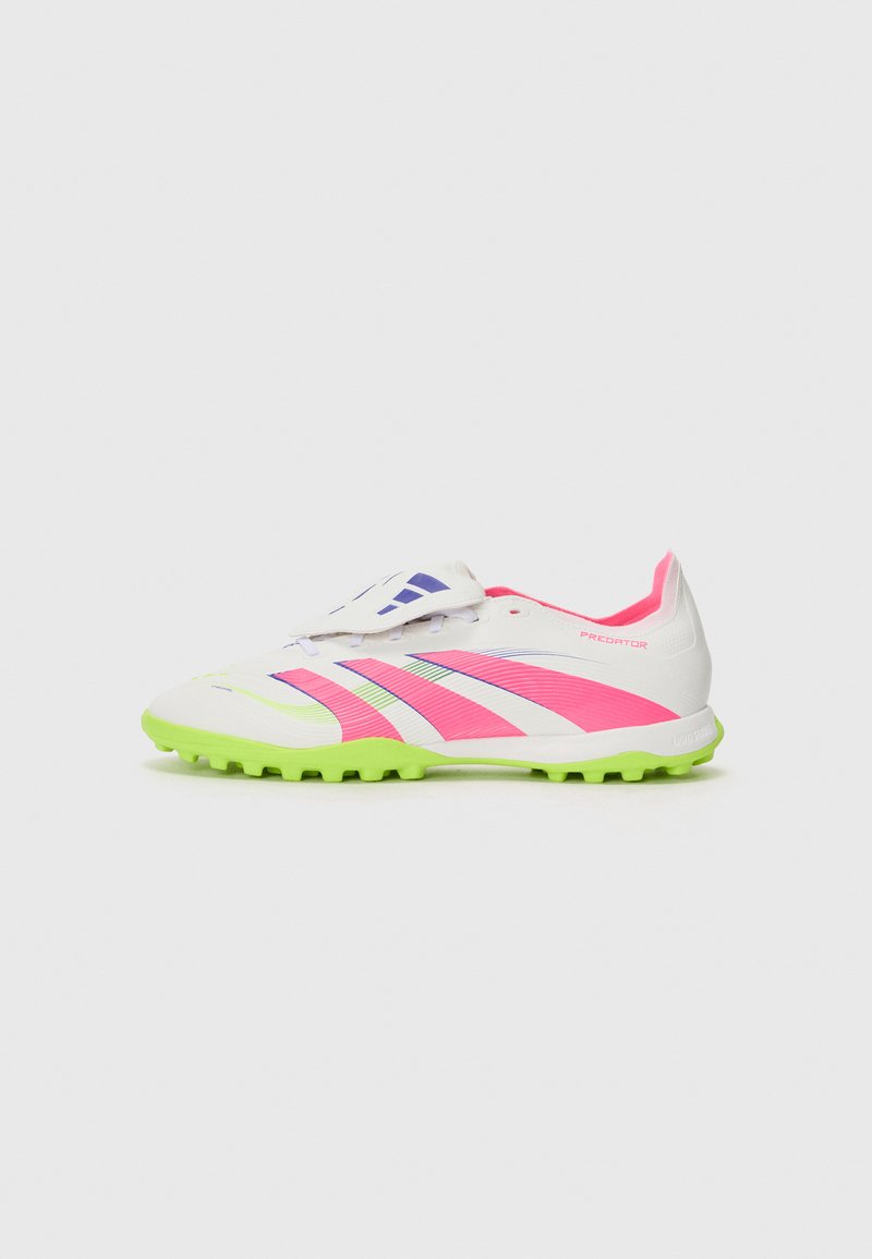 White soccer cleat with pink and purple accents, featuring a textured upper, green sole, and contrasting stripes for visibility and traction.