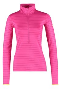 Pink long-sleeve athletic top with a quarter zip, featuring horizontal stripes and a contrast yellow accent at the cuffs. Made from stretchy material.