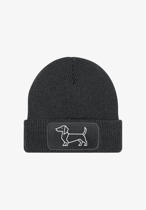 Black knit beanie with a textured surface and a folded cuff, featuring a white outline of a dachshund on a rectangular patch.