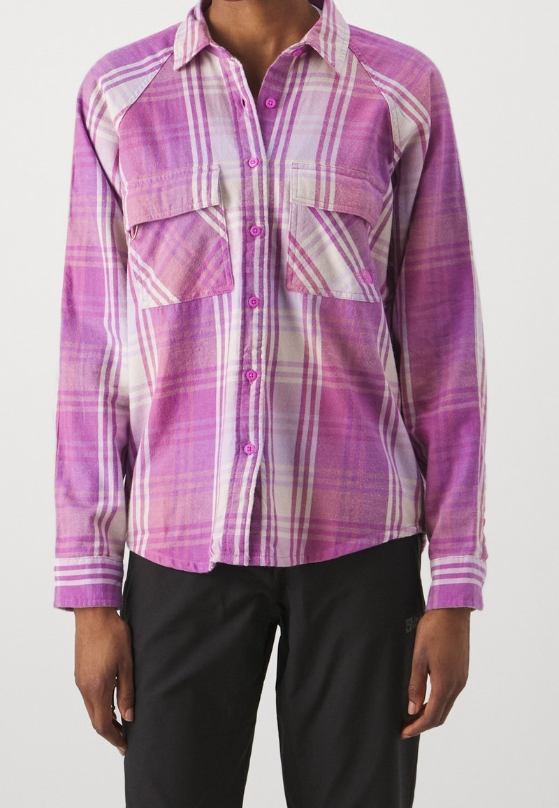 Long-sleeve plaid shirt in shades of pink and purple, featuring button-up front, two chest pockets, and a relaxed fit with raglan sleeves.