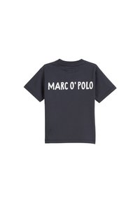 Navyblaue Baumwoll-T-Shirt mit Rundhalsausschnitt und kurzen Ärmeln, auf dem Rücken mit "MARC O'POLO" in Weiß bedruckt.