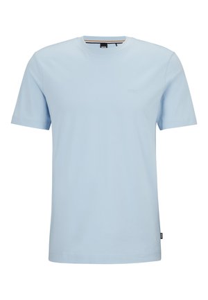 Lichtblauwe katoen t-shirt met een ronde hals, korte mouwen en een subtiel geborduurd logo op de borst. Zachte textuur, standaard pasvorm.