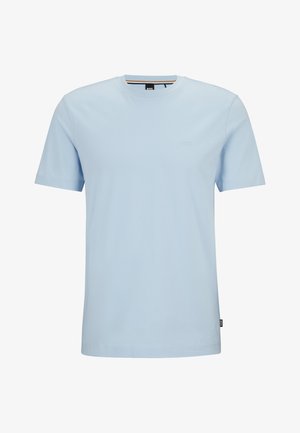T-shirt di cotone azzurro chiaro con colletto rotondo, maniche corte e un logo ricamato discreto sul petto. Tessuto morbido, vestibilità standard.