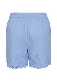 Ανοιχτό μπλε βαμβακερές βερμούδες με ελαστική μέση και φροντισμένο τελείωμα. Κεντημένα λουλούδια και λεπτομέρειες από μάτι στα κάτω άκρα.